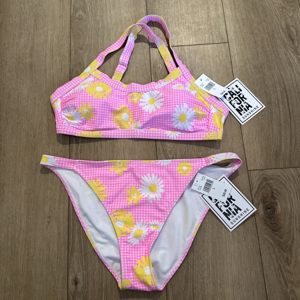 Califirnia‎ Sunshine Junior's Teens Pink Daisy 2 Piece Bikini Large NEW